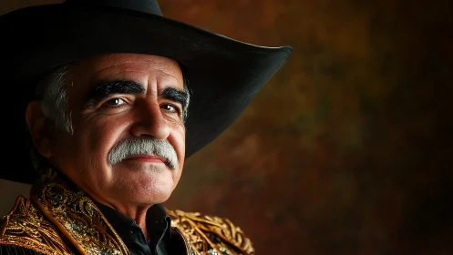 Older man in ornate charro jacket wears wide black hat