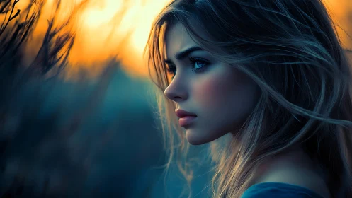Digital portrait captures pensive woman in sunset field