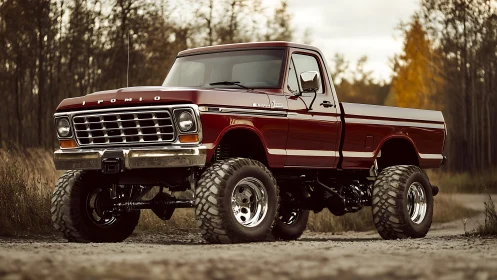 Lifted vintage red pickup dominates forest dirt road.