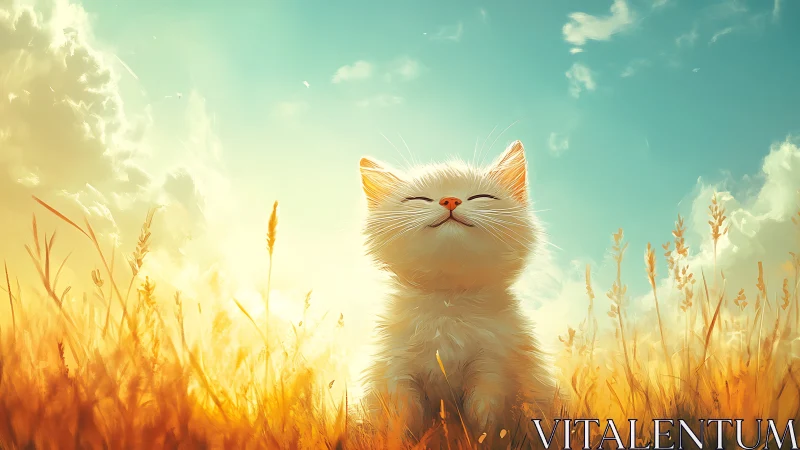 White Cat in Golden Wheat Field Under Blue Sky.