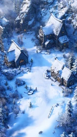Isometric alpine hamlet under diffuse winter skylight rendering.
