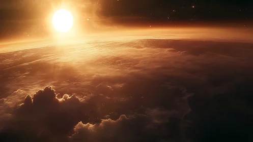 Sunlit planetary horizon with dense atmospheric clouds.