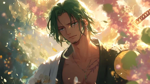 Sunlit swordsman resting beneath drifting cherry petals.