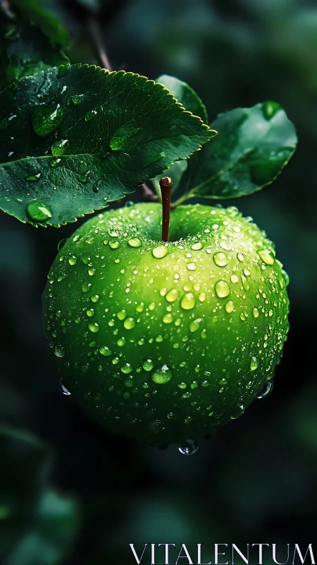 Dew-kissed green apple glows softly against dark foliage.