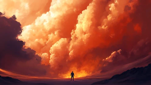 Solitary wanderer beneath colossal burning storm clouds.