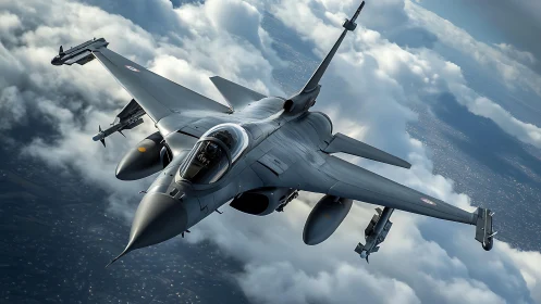 Modern delta-wing fighter jet with canards in high-altitude banking turn