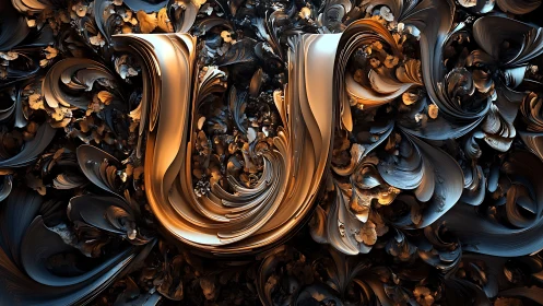 Fractal metallic letter U in swirling volumetric topology.