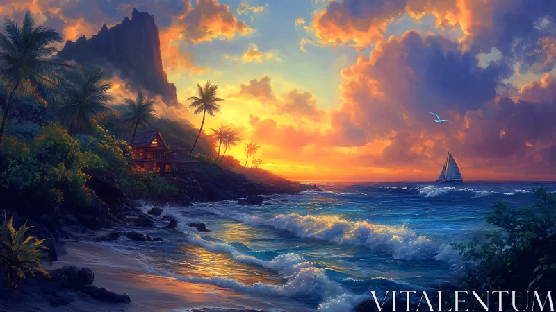 Tropical Sunset Cove with Sailing Ship at Dusk