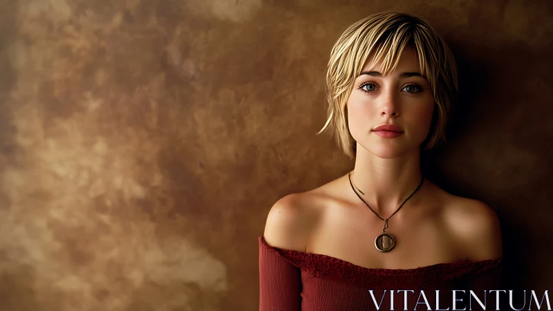 Young woman gazes calmly against warm textured wall