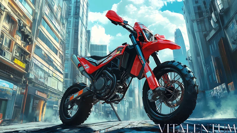 Red dirt bike dominates a futuristic neon city streetscape