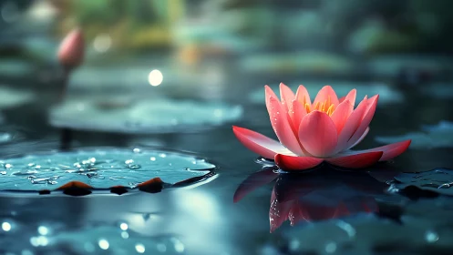 Pink water lily on calm reflective pond surface.