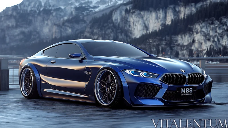 Blue performance coupe parked by mountain lakeside road.