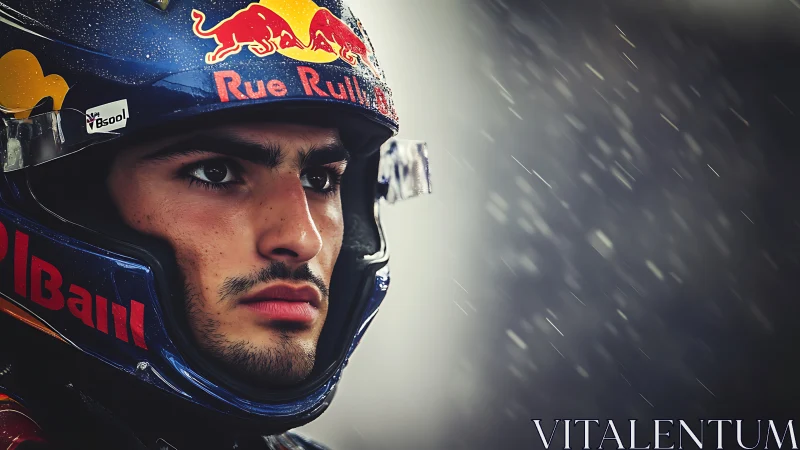 Wet-weather racing portrait of focused helmeted driver.