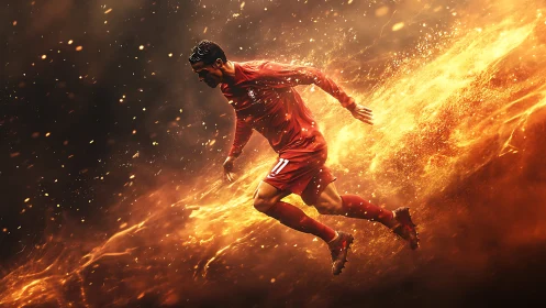 Fiery soccer player sprinting forward in blazing motion.