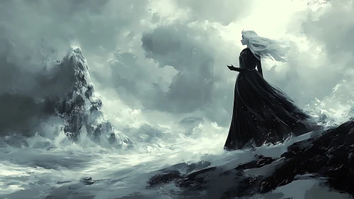 Stormbound woman on cliff amid crashing monochrome waves.