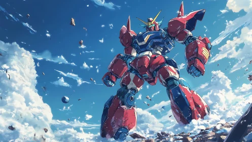 Giant red mecha stands against blue sky and drifting clouds
