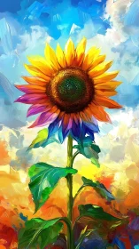 Radiant multicolored sunflower under expressive skyscape.