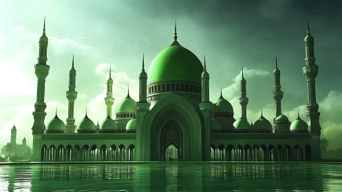Emerald domes rising over mirrored waters at mystic dusk.