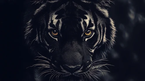 Low-key frontal portrait of tiger with high-contrast striping