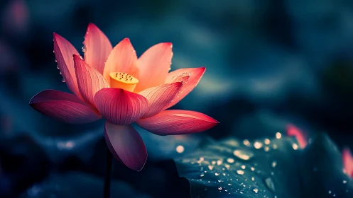Luminous pink lotus blooms over dark pond with dewy petals