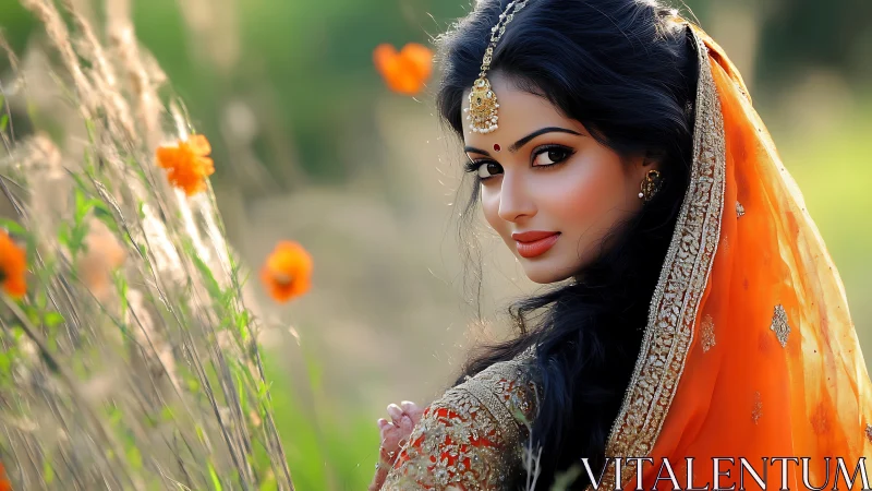 Woman in orange saree looking back in soft outdoor light.