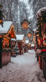 Snowy Christmas market glows with warm festive lights.