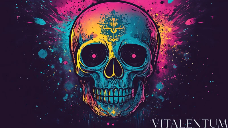 Neon chromatic skull illustration with explosive paint splashes.