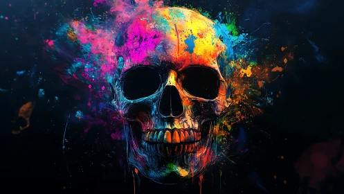 Human skull is rendered with multicolored splatter effects