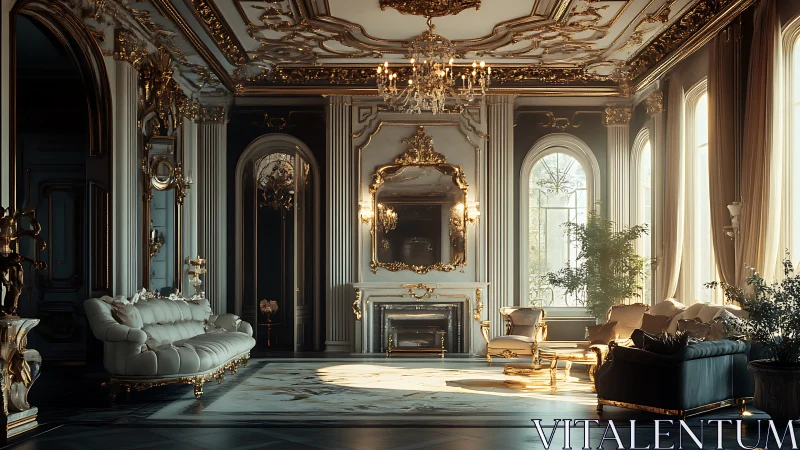 Luxurious baroque living room with gold ornate details.