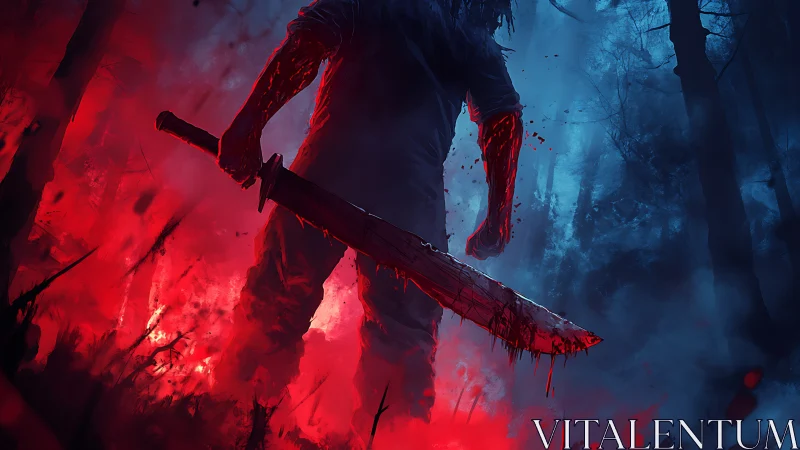 Bloodied warrior stalks a haunted forest of red and blue dread