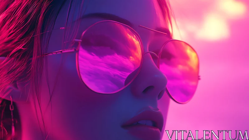 Neon-lit portrait with reflective aviators and magenta glow.