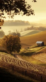 Sunlit rural farmland valley with barn and autumn fields.