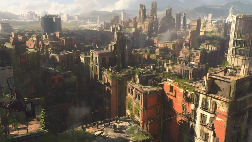 Post-apocalyptic vertical cityscape with overgrown megablocks.