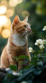 Ginger Tabby Cat Amid White Blossoms With Bokeh Lighting