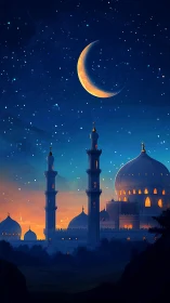 Crescent moon over illuminated domed mosque skyline at dusk
