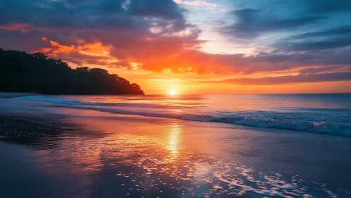 Coastal horizon sunset with reflected orange cyan gradient light