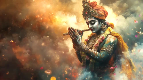 Divine flutist rendered in high-saturation ethereal color dynamics