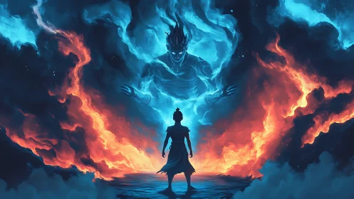 Lone figure confronts towering elemental spirit amid firestorm