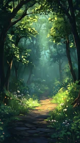 Sunlit Forest Path Through Green Canopy