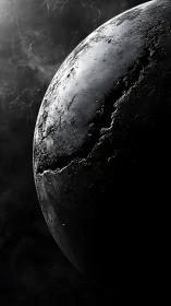 Cracked metallic planet looms in a stark cosmic shadow.