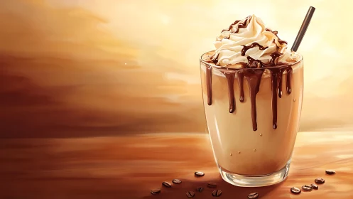 Iced coffee parfait rendered in warm-toned digital painting