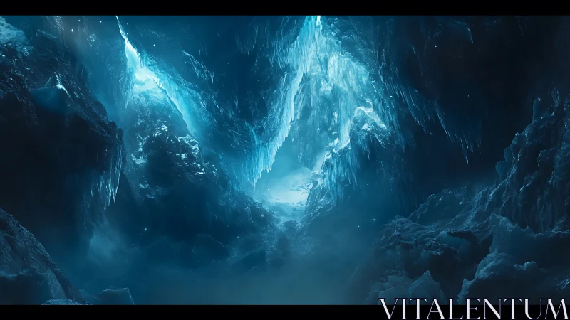 Glacial abyss environment with luminous cyan ice vaults.
