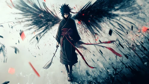 Winged shadow warrior strides through shattering twilight.