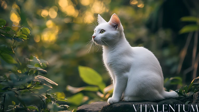 White Feline in Garden Setting: Bokeh-Enhanced Portrait.