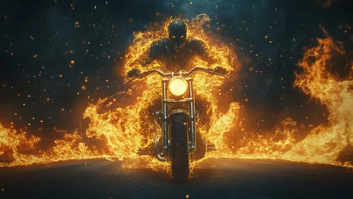 Flaming motorcyclist charge in cinematic digital painting composition.