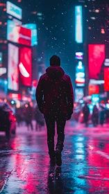 Lone silhouette walking through neon city snowfall at night.