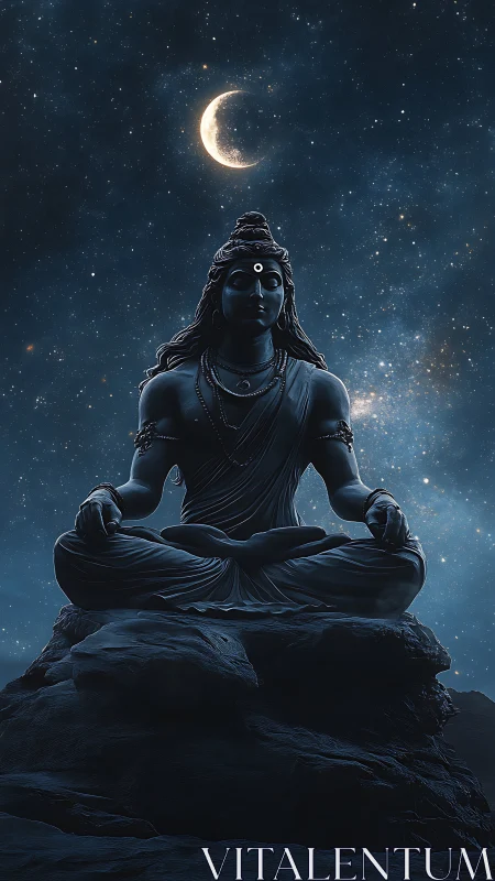 Serene moonlit deity in deep meditation under starlit sky.
