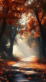 Autumn's Luminous Corridor: Where Fire Meets Mist