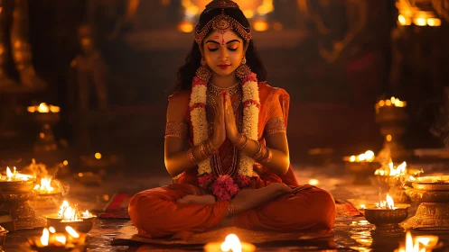 Gentle devotion glows as a young woman prays among warm lamps