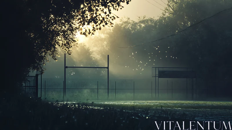 Quiet morning light over a misty field and gentle birds.